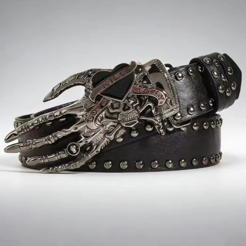 Y2K Punk Skull Heart-Shaped Stud Accents Belt Gothic-Style PU Leather Belt Unisex Adjustable Buckle Belt Street Style