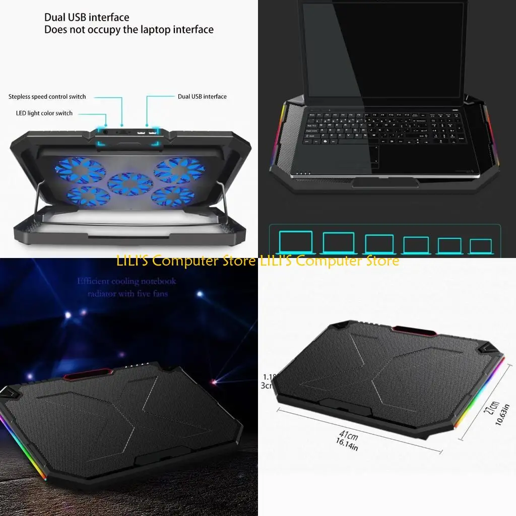 

A52B Gaming Laptop Cooling Bracket Radiator Holder with 5 Fans 2x USB Ports PC Stand