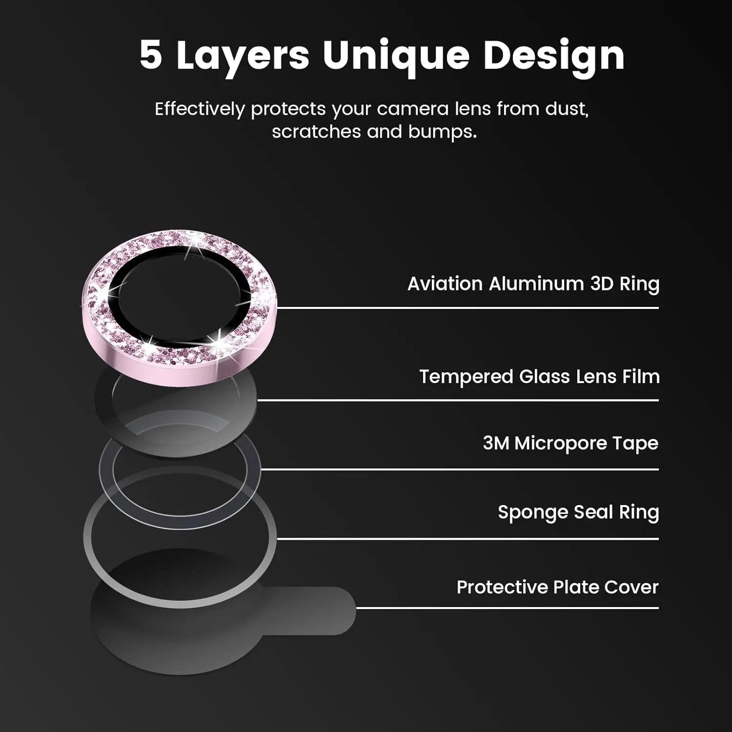Protezione Lente Per IPhone 17 Pro Max – Vetro Temperato 9H Glitterato Con Anello Metallico, Rosa, Antiurto E Antigraffio - 4