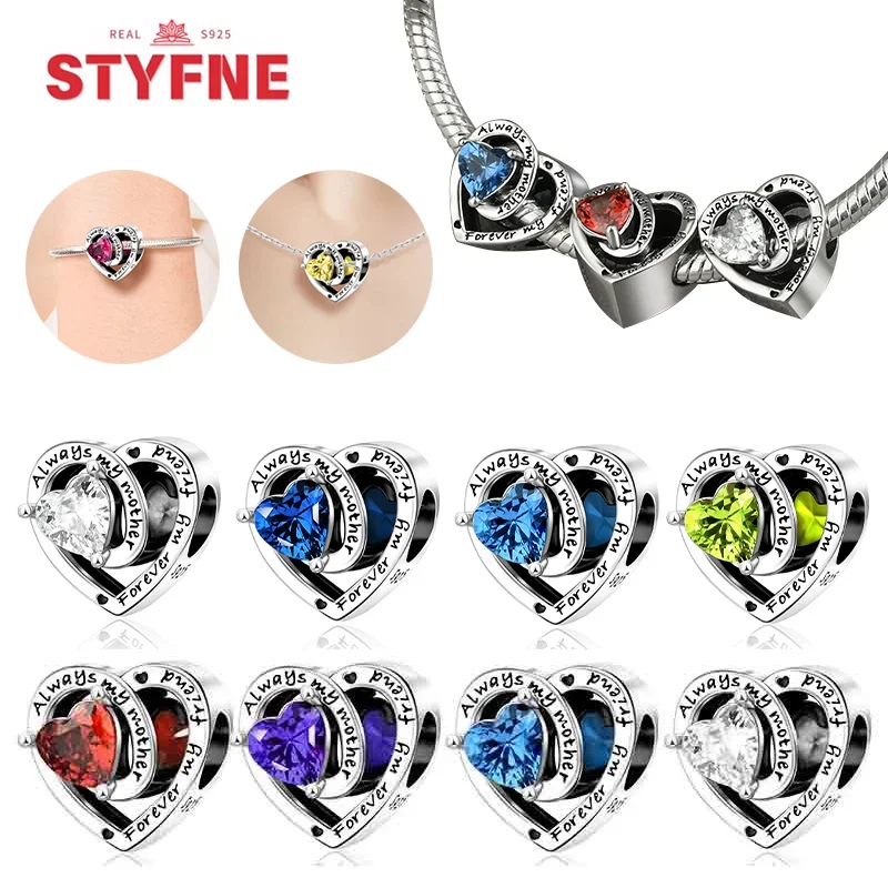 Sterling Silver 925 Heart Charms Month Birthstone Series Beads Fit Original Bracelet for Women Diy Fine Jewelry Making Gifts