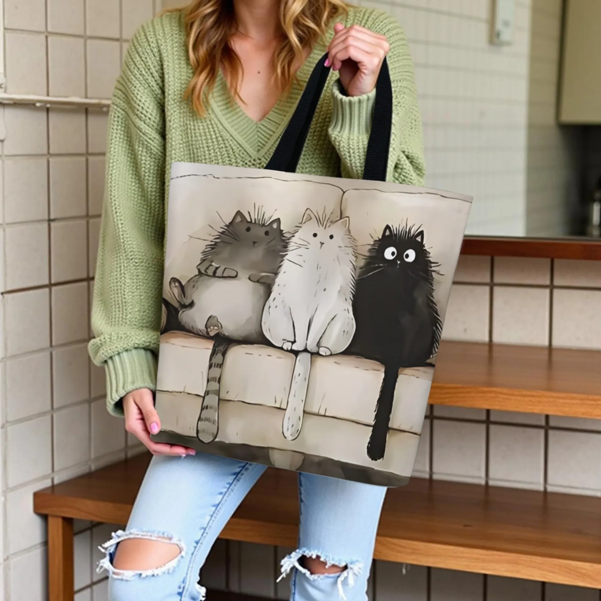 

Eco-Friendly Lazy Cozy Cat Canvas Tote Bag Cute Cartoon Shoulder Bag for Women Casual Reusable Ideal for Grocery & Cat Outings