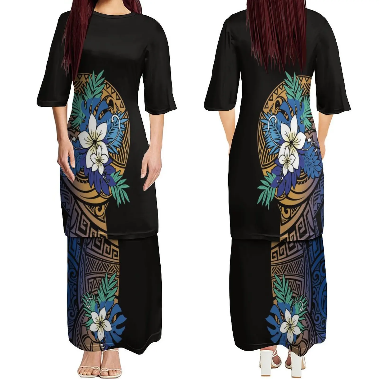 Hawaiian Islander Double Layer Dress For Women Puletasi Tribal Ethnic Style Small O-Neck Half Sleeve Fitted Women'S Clothing