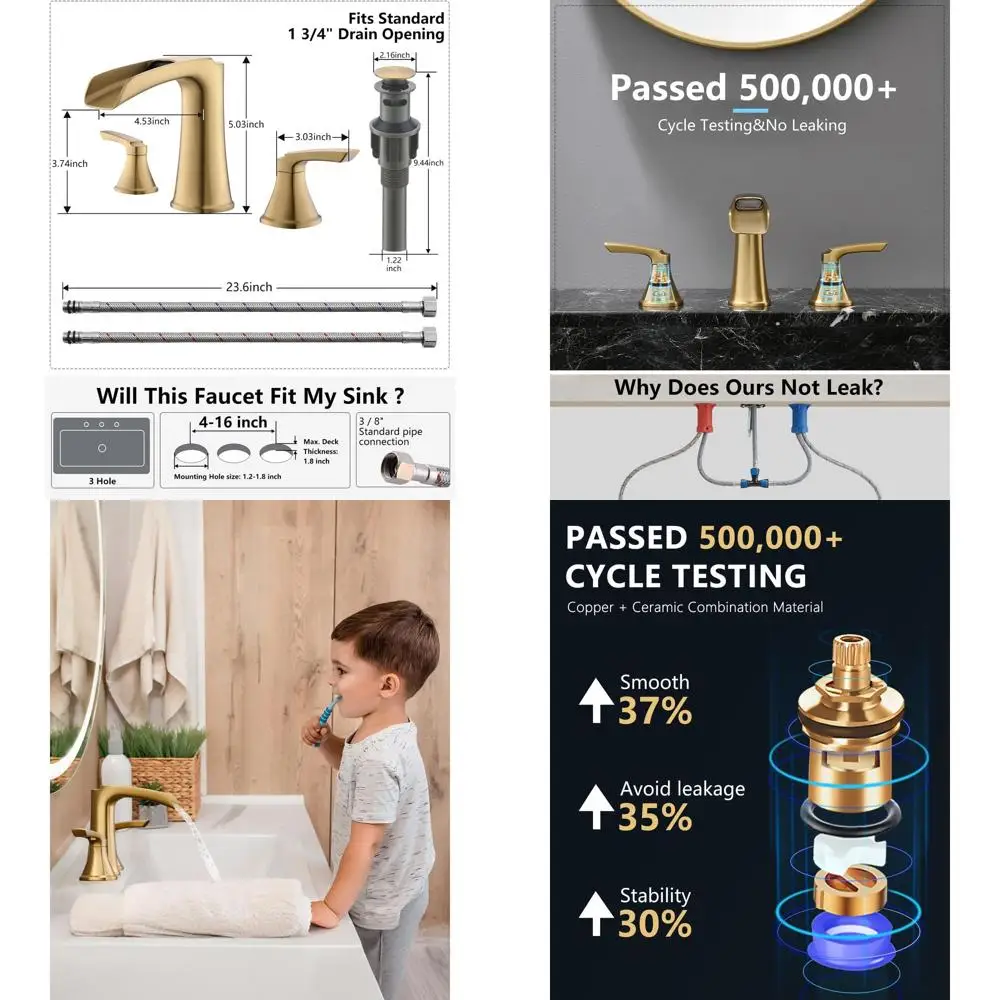 

8 Waterfall Widespread 3-Hole Brushed Gold Bathroom Sink Faucet with Pop-Up Drain and Dual Handles