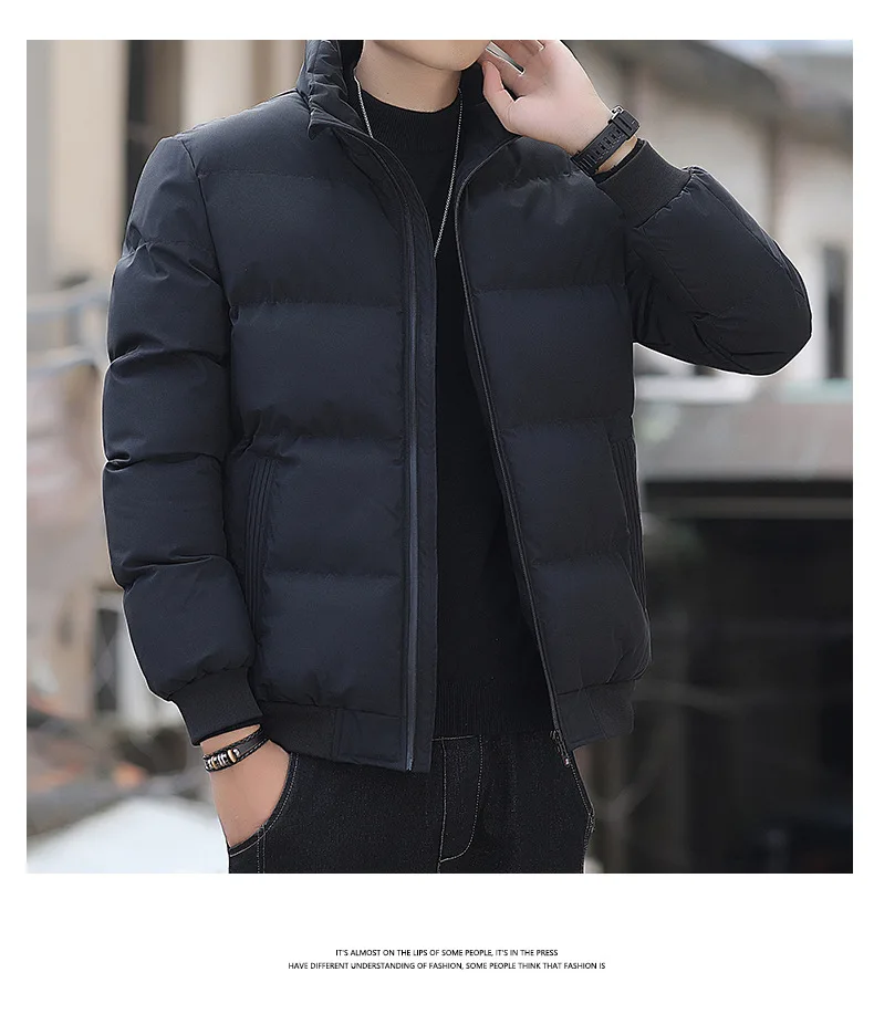 

Men's stand-up collar down jacket, fashionable patched short thick coat, winter warm trendy casual puffer jacket