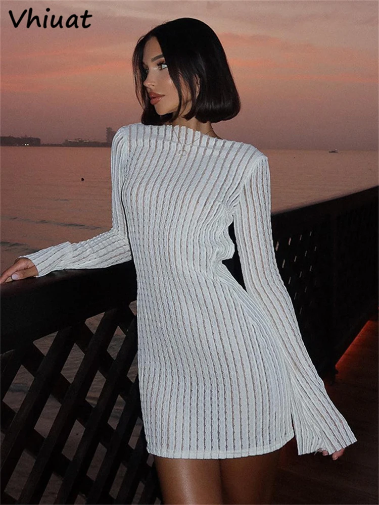 Vhiuat Backless Sexy Hollow Out Long Sleeve Wrap Skinny Mini Dress Women Bandage Prom Beach Occasion Evening Summer Holiday 2024