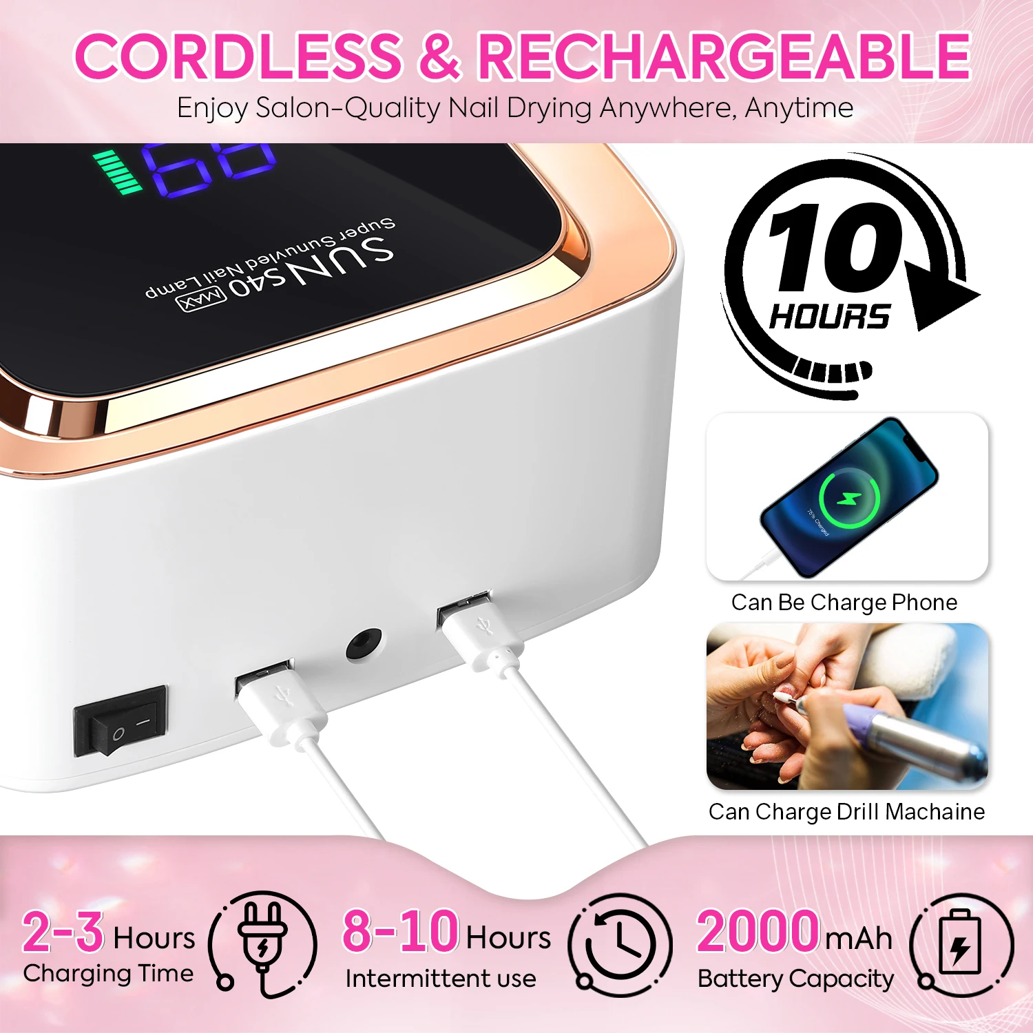 コードレス UV/LED ネイルランプ (57 ビーズ) – 3 タイマー設定、取り外し可能なベース、2000mAh 充電式バッテリー