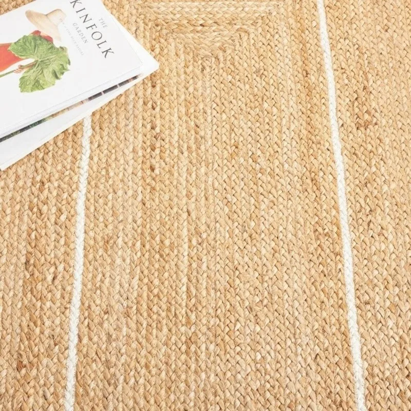 Natural Jute Rug White Stripes Rectangular Rural Style Farmhouse Large Carpet