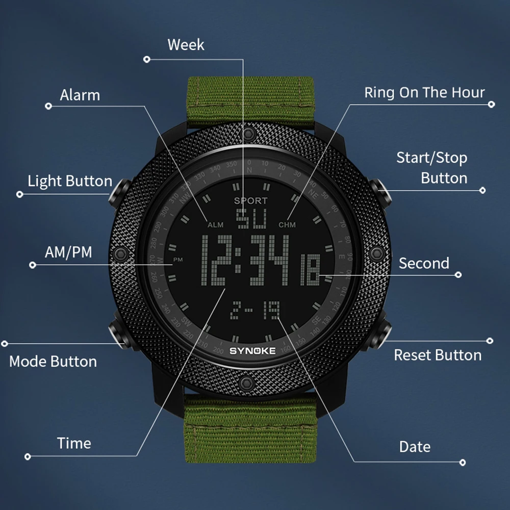 Nylon Strap Mens Watches Waterproof 5Bar SYNOKE Brand Digital Military Sport Watch for Men Large Black Dial Design Watch Men