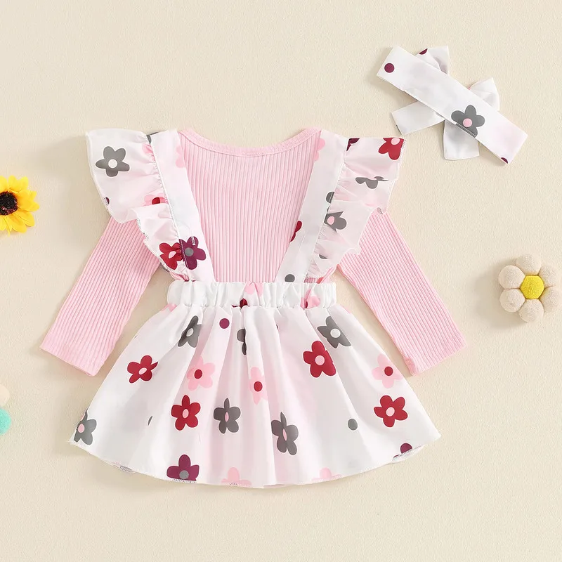 Newborn Baby Girls Skirts Sets Fall Clothes Long Sleeve Ribbed Bodysuit Bow Suspender Skirt Headband Set Baby Clothing