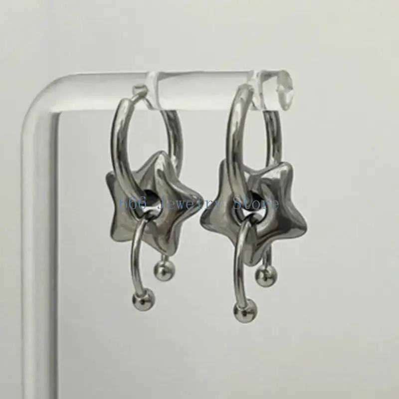 F2TD Puffed Star Charm Dangle Earrings Pair with 3cm Drop for Party