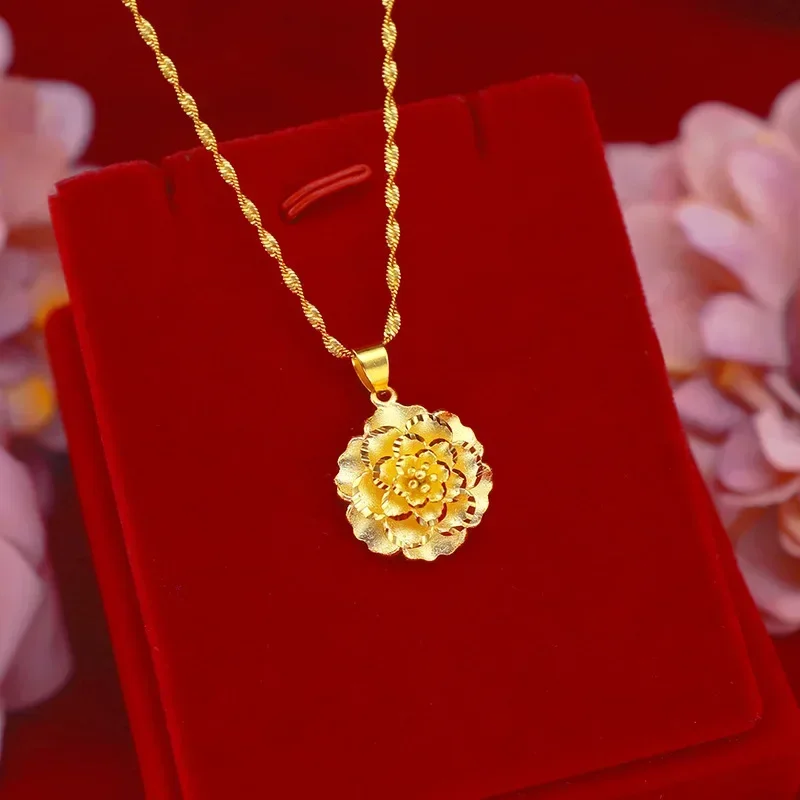 

9999 Real Gold 24K Women's Peony Flower Pendant Japan and Korea Fashion Gold Sandblasted Flower Pendant