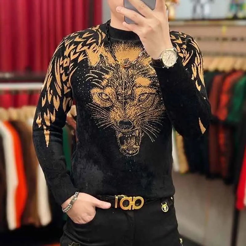 High-end Autumn and Winter New Slim Print Men's Long Sleeve Sweater Fashion Round Neck Casual Warm Undershirt