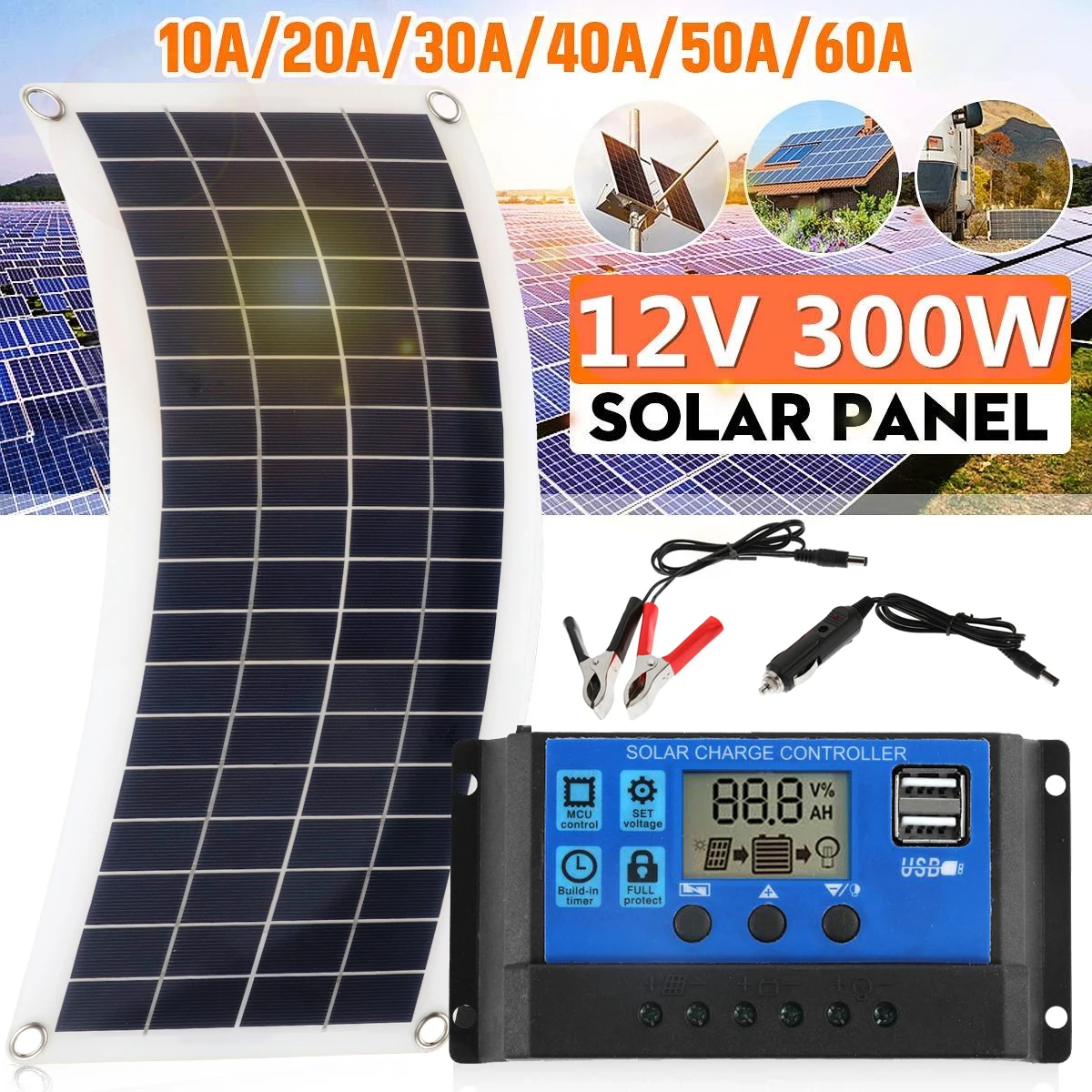 300 W 12–18 V Solarpanel mit 10 A–60 A Controller, flexible Photovoltaik-Stromladeplatine zum Aufladen elektronischer Telefone und Autos
