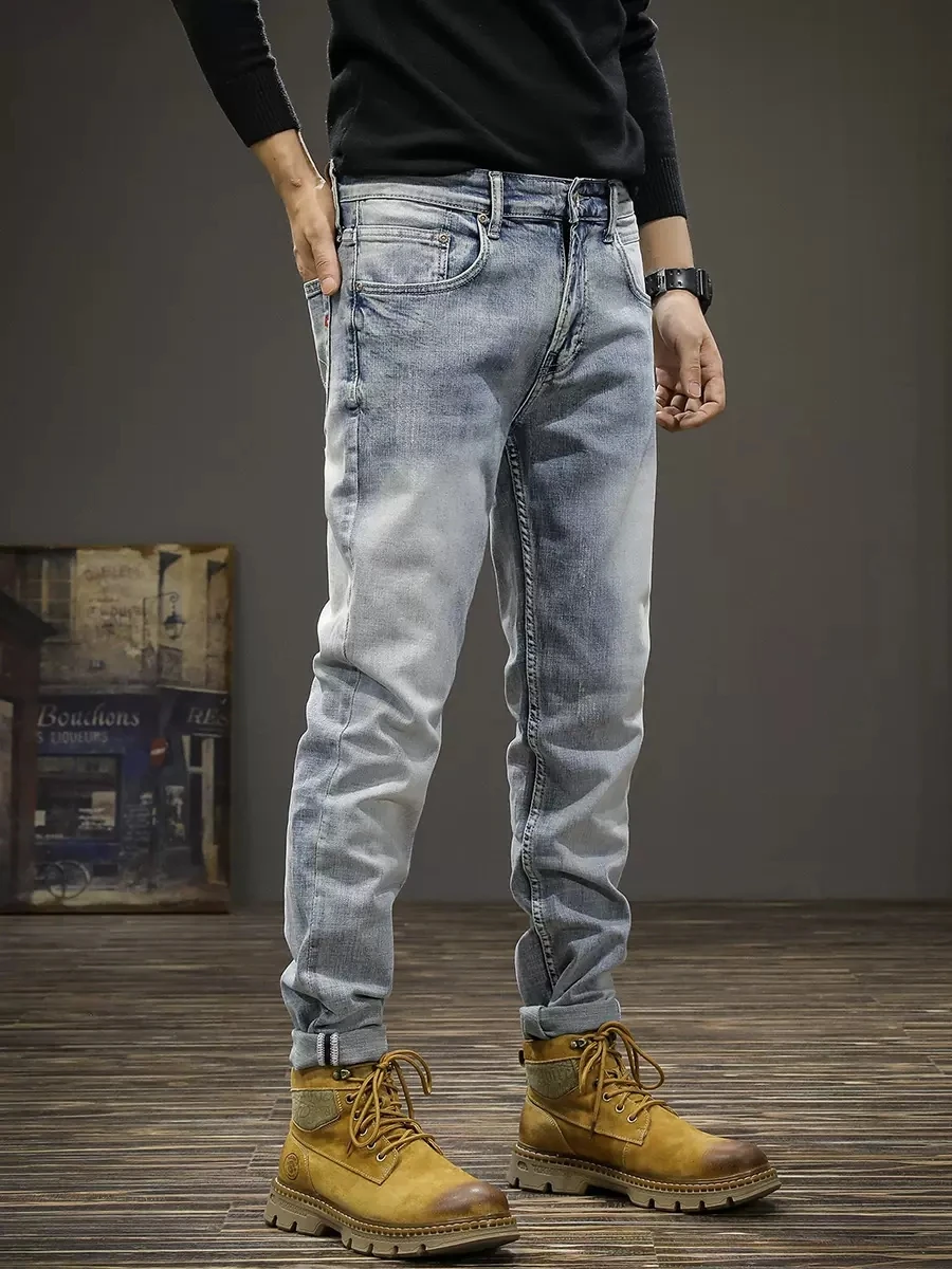 Newly Designer Fashion Men Jeans Retro Light Blue Stretch Slim Fit Ripped Jeans Men Casual Trousers Vintage Denim Pants Hombre
