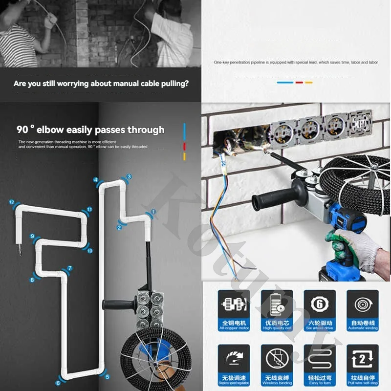 Automatic Electric Stringing Machine Cable Push Puller Tool Rechargeable Wall Threading Machine