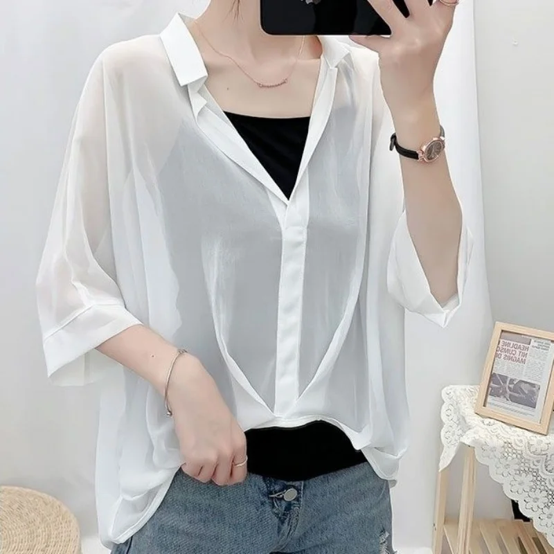 Summer Half Sleeve Loose V-Neck Women Blouse Chiffon Two Piece Set Tops Casual Elegant Clothes