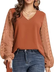 Women Spring Summer Style Blouses Shirts Lady Casual V-Neck Long Lantern Sleeve Solid color Blouse Tops DF5016