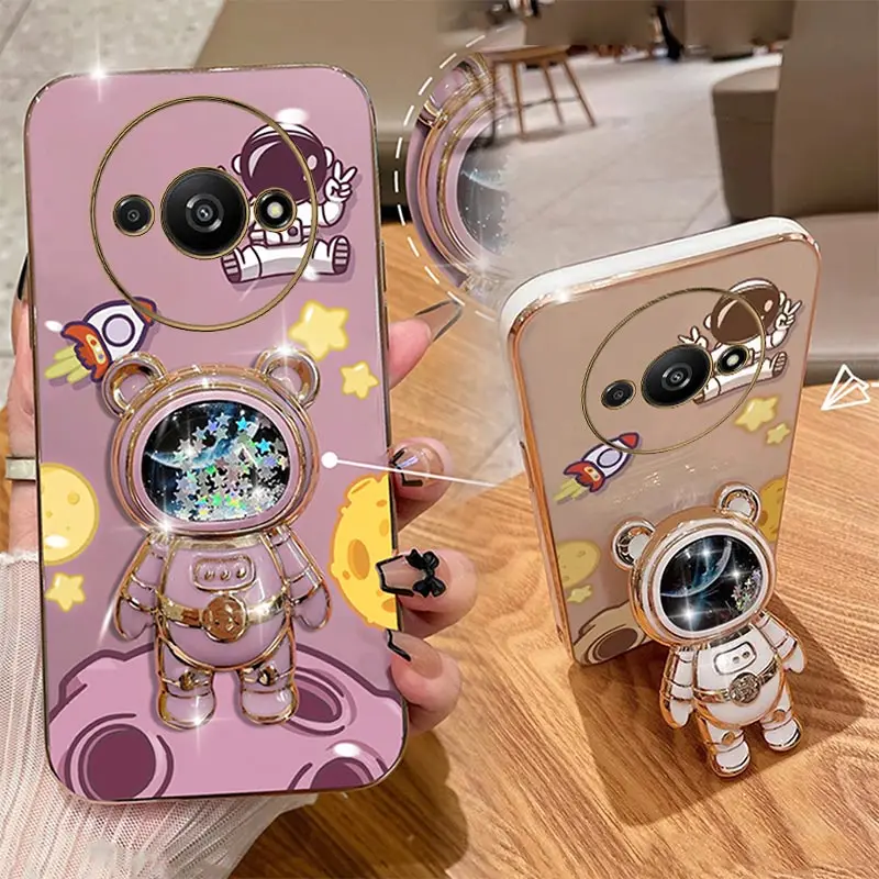 A3 Cheering Astronaut Plating Phone Holder Case For Xiaomi Redmi A3 Shatterproof Camera Protection Redmi A3 Thin Soft Back Cover