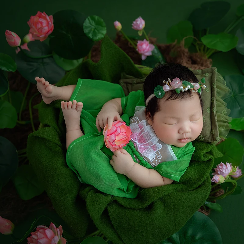 Pakaian properti fotografi bayi perempuan, gaun hiasan kepala Aksesori Lotus Prop gaya kecil segar foto kreatif bayi