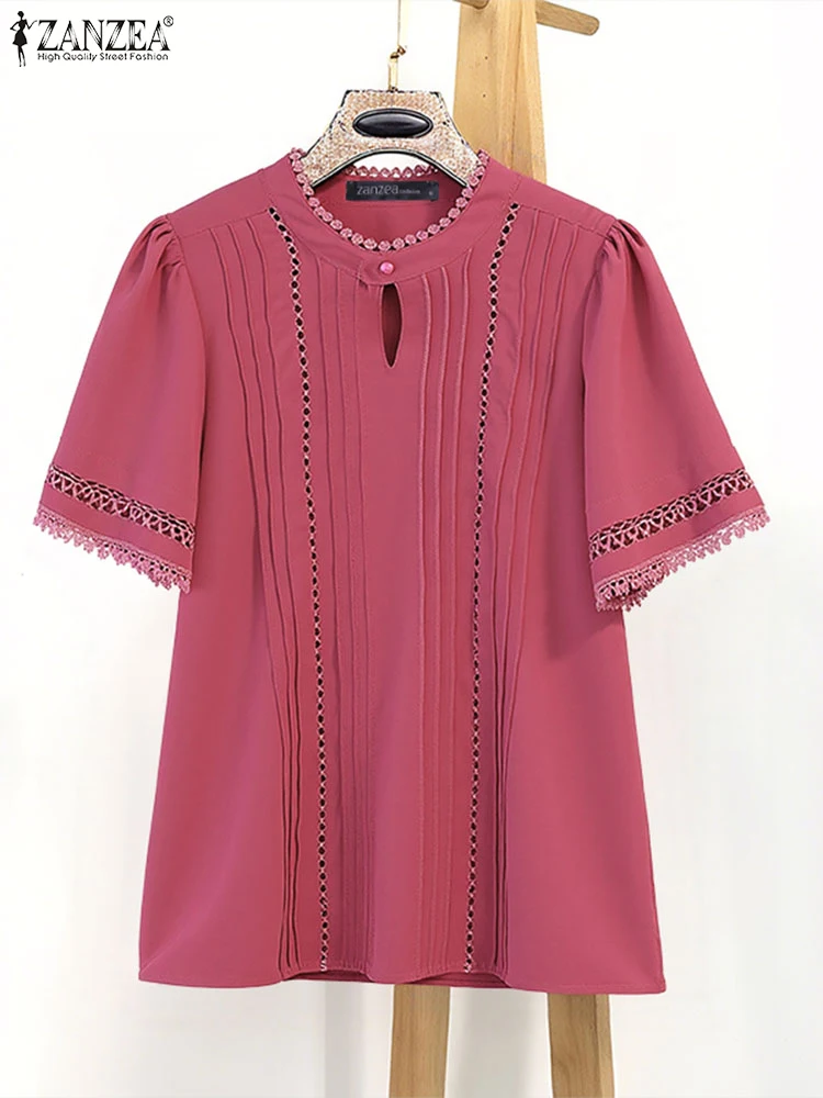 ZANZEA Casual Loose Blouse Women Pleated Tops 2025 Solid Blusas Fashion Short Sleeve Tunic Elegant Office Work Pullovers S-3XL