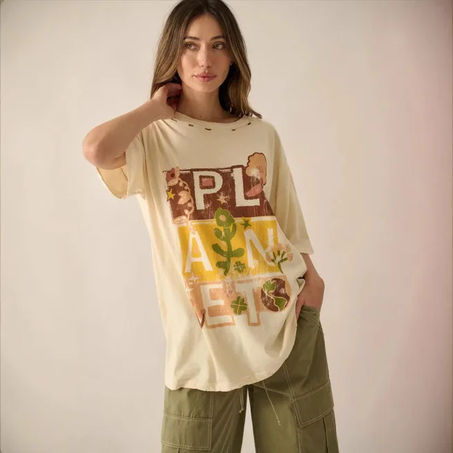 T-shirt ample et décontracté imprimé pour femmes, version Cleanfit H 2025, hiver d'âge moyen, 00% lin, autres matériaux 00%