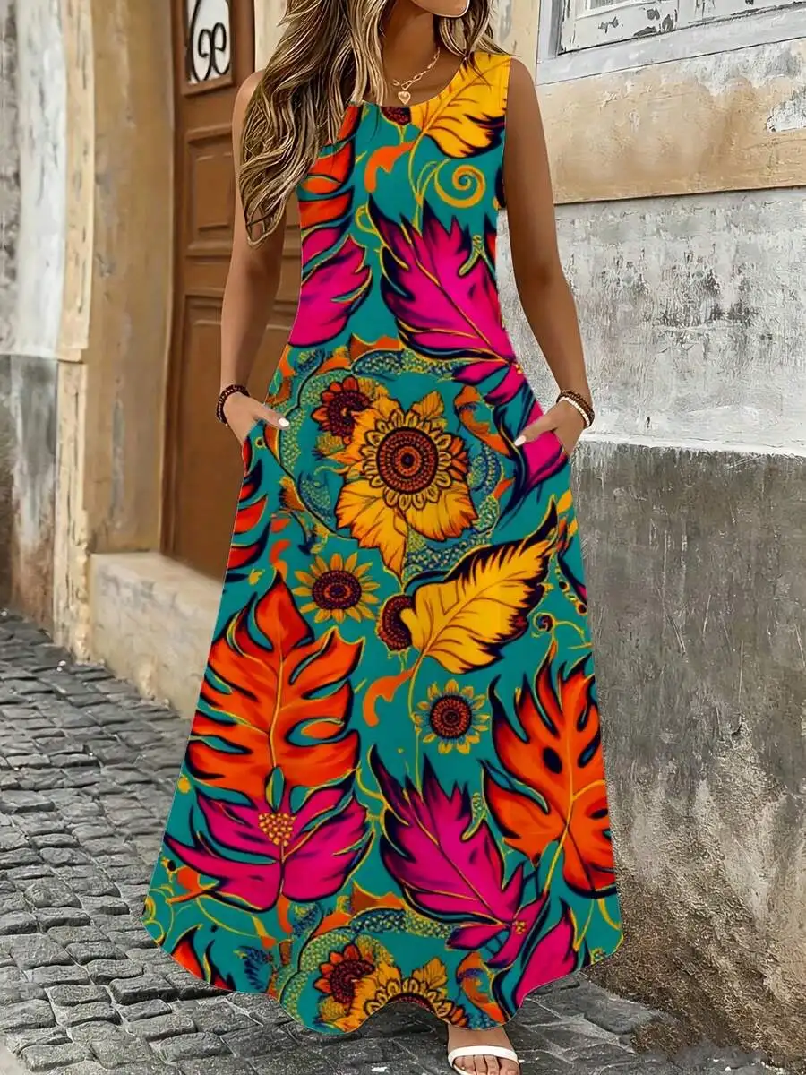 

Multicolor Tropical Leaf And Flower Print Maxi Dress Summer Beach Vacation Wear
