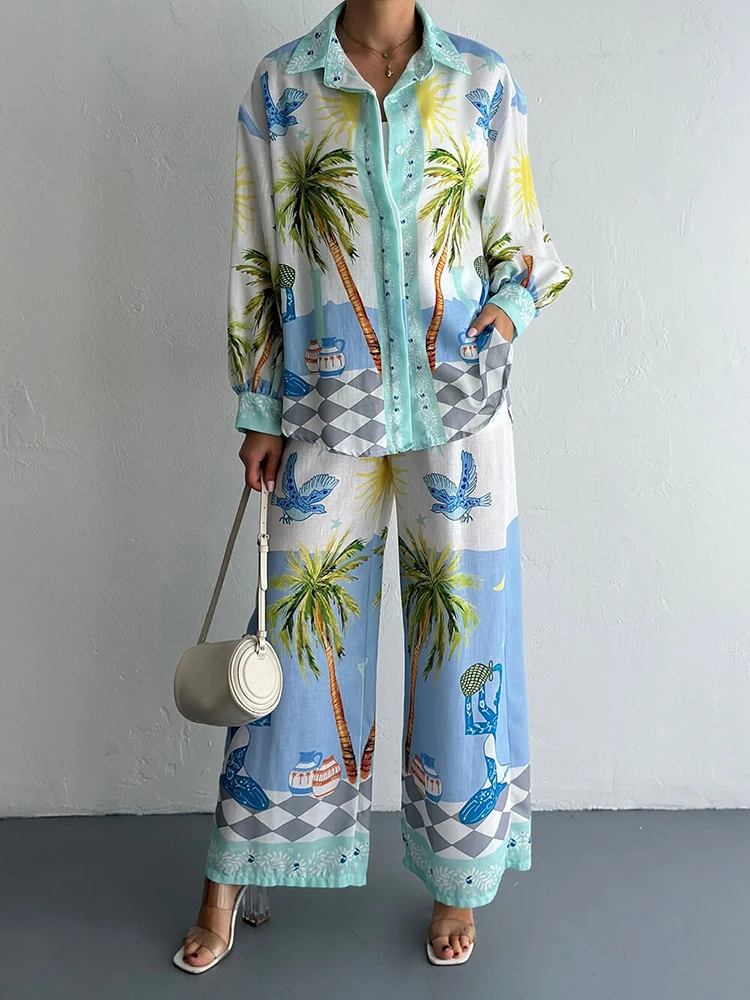 

Весенне-летний шикарный наряд с длинными рукавами, женские комплекты с отложным воротником и принтом, модные широкие брюки 2025 года, женские костюмы