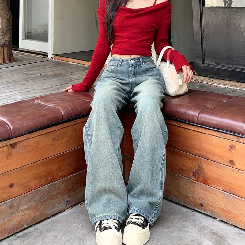 กางเกงยีนส์ผู้หญิงสไตล์วินเทจอเมริกัน Y2K ปี 2025 ทรงขากว้างเอวสูง ซับในขัดเงา ช่วยให้ดูผอมลง