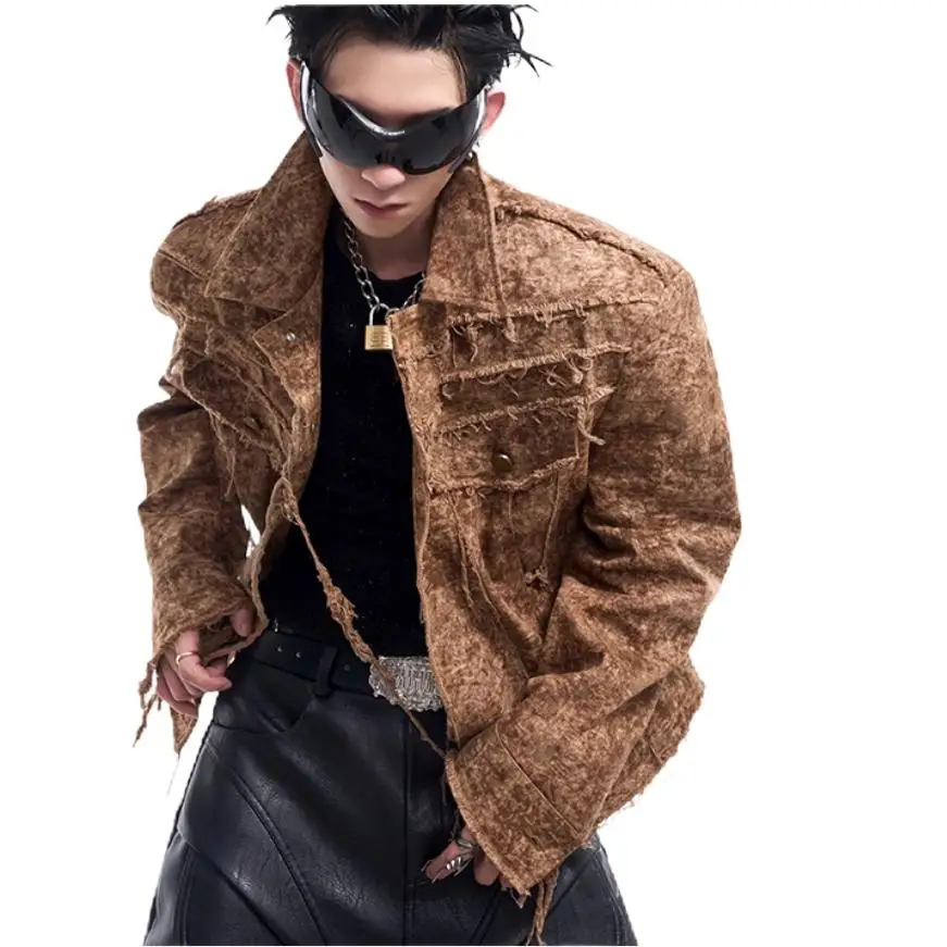 2025 Elegant Solid Brown Coat Men Autumn High-End Jacket Loose Lapel New Cotton Single Breasted Damaged Denim Coats