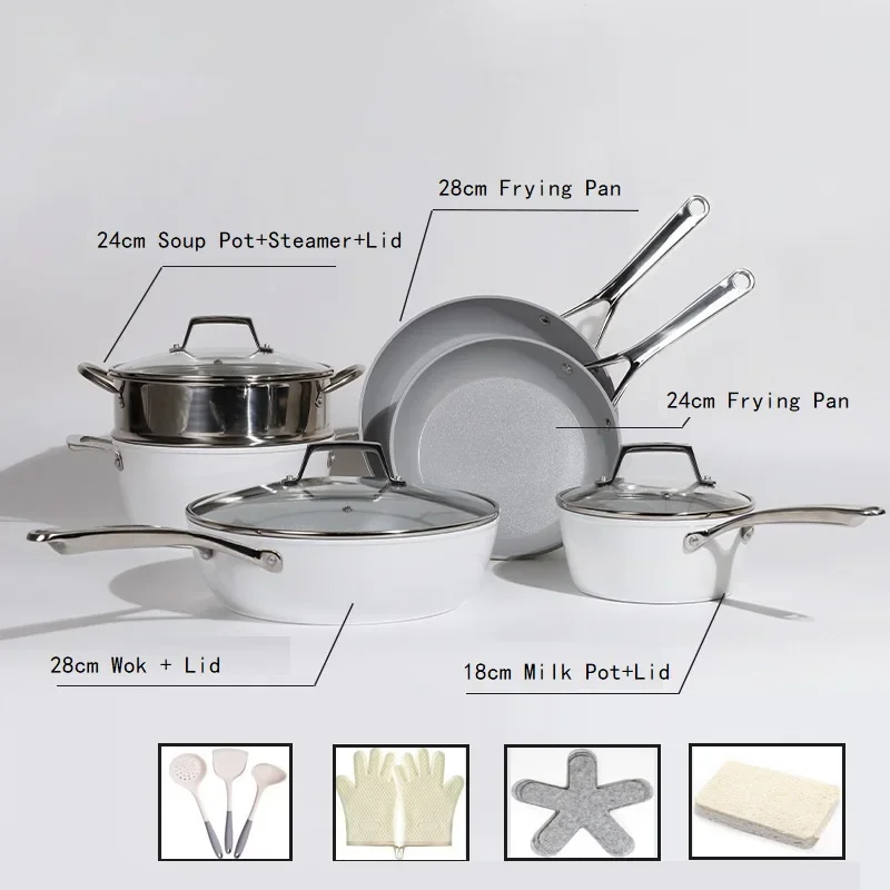 17pcs Non-stick Aluminium Ceramic Cookware Set Household Multi-functional Induction Pot And Pans Set With Stainless Steel Handle