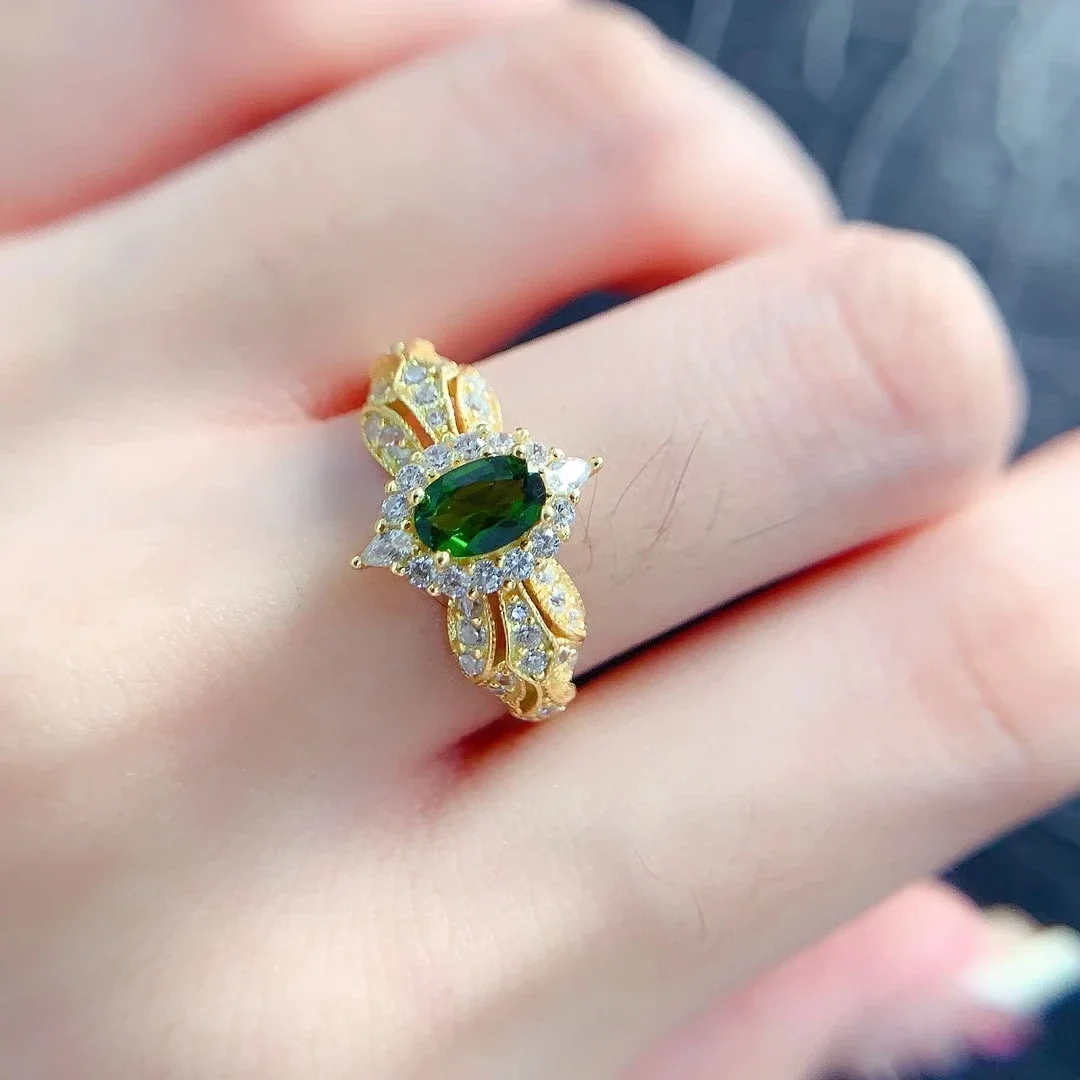 Vintage Style 925 Sterling Silver Diopside Ring 4mm*6mm 0.5ct Natural Diopside Jewelry 18K Gold Plated Gemstone Ring