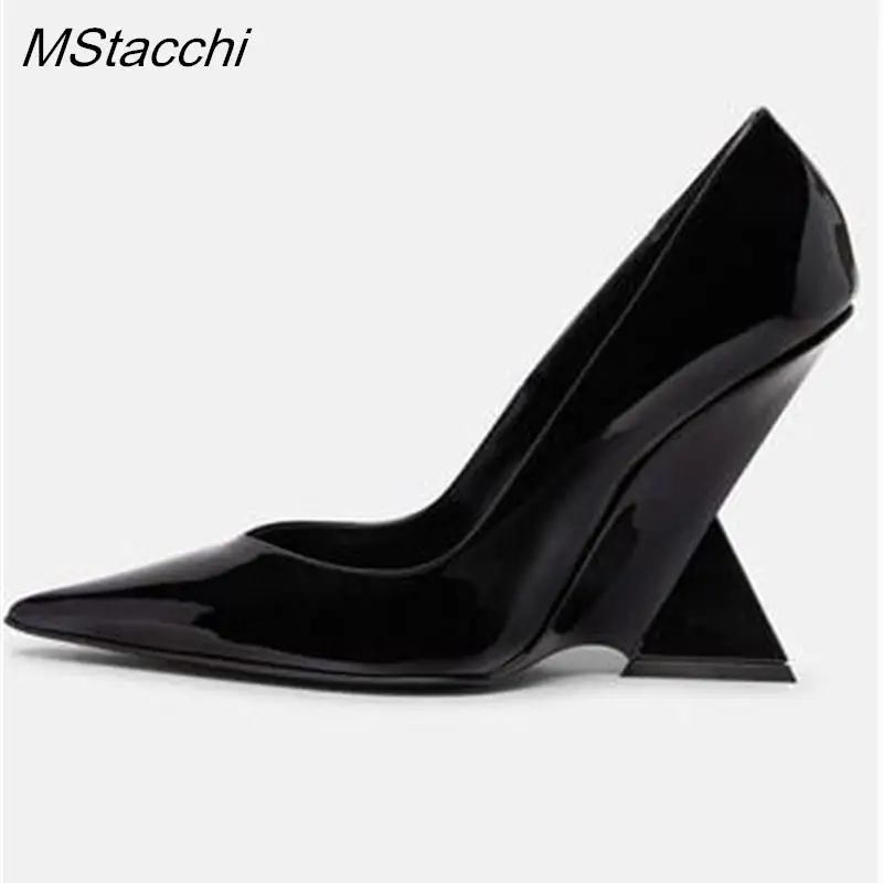 Runway Women Heels Pumps 2024 Designer Shoes Patent leather Pointed Toe Slingback Shallow Luxury Brand Strange Heel Woman Shoes