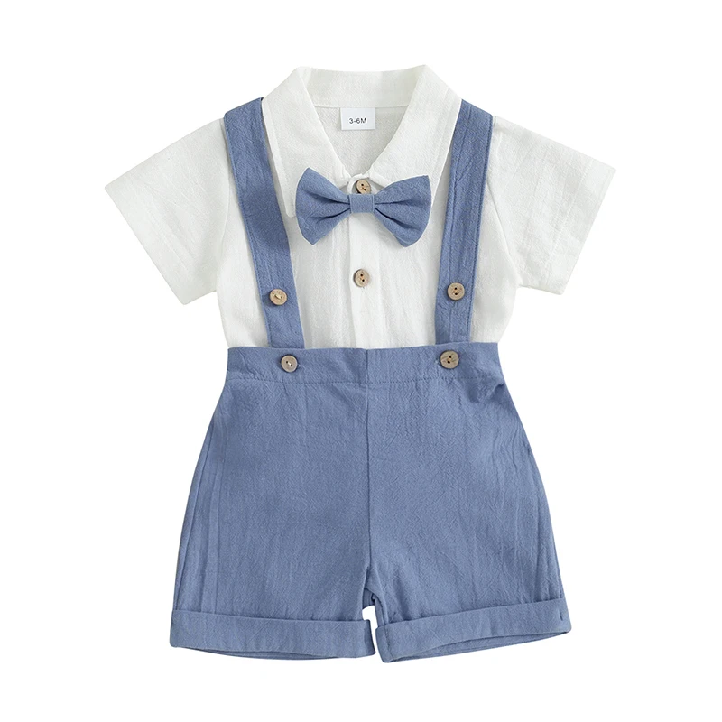 Infant Baby Boy Gentleman Outfit Suit Short Sleeve Bow-Tie Shirt Romper Overall Shorts Set Newborn Formal Wear