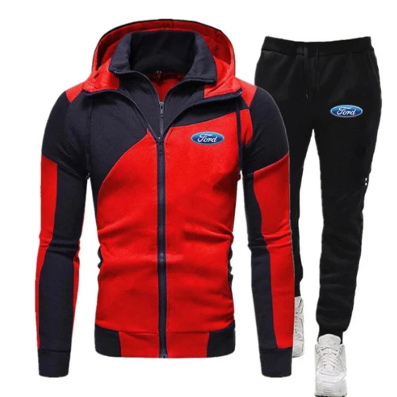 Men Fashion leisure Spring Autumn Matching Ford Logo Hoodie Tracksuit Hooded + Pants pair double Zipper Two-piece Suits