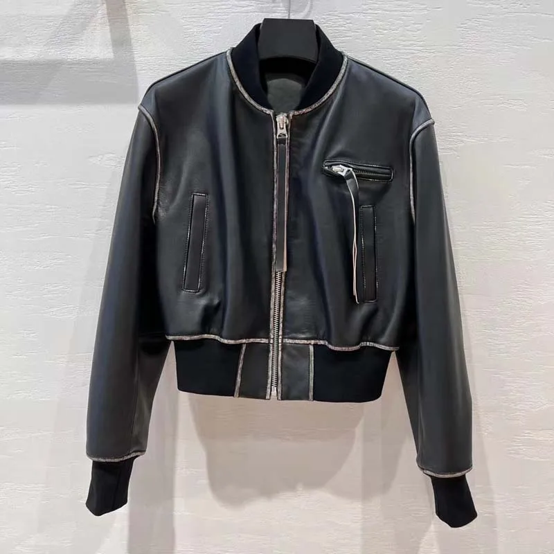 Women Coat Spring Genuine Leather Jacket Short Length 2023 New Fashion Old Fashioned Craft Sheepskin Spliced Textile Fabric