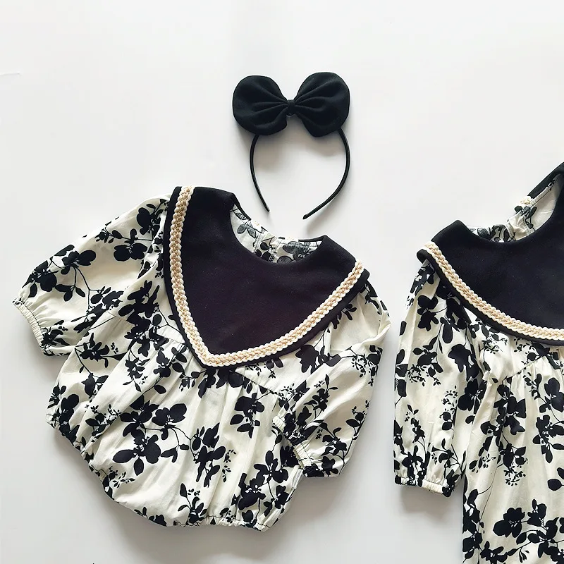 

Newborn Girls Jumpsuits Spring Retro Patchwork Toddler Girls Bodysuits Kids Baby Girls Rompers Infant Girls Overalls+Headband