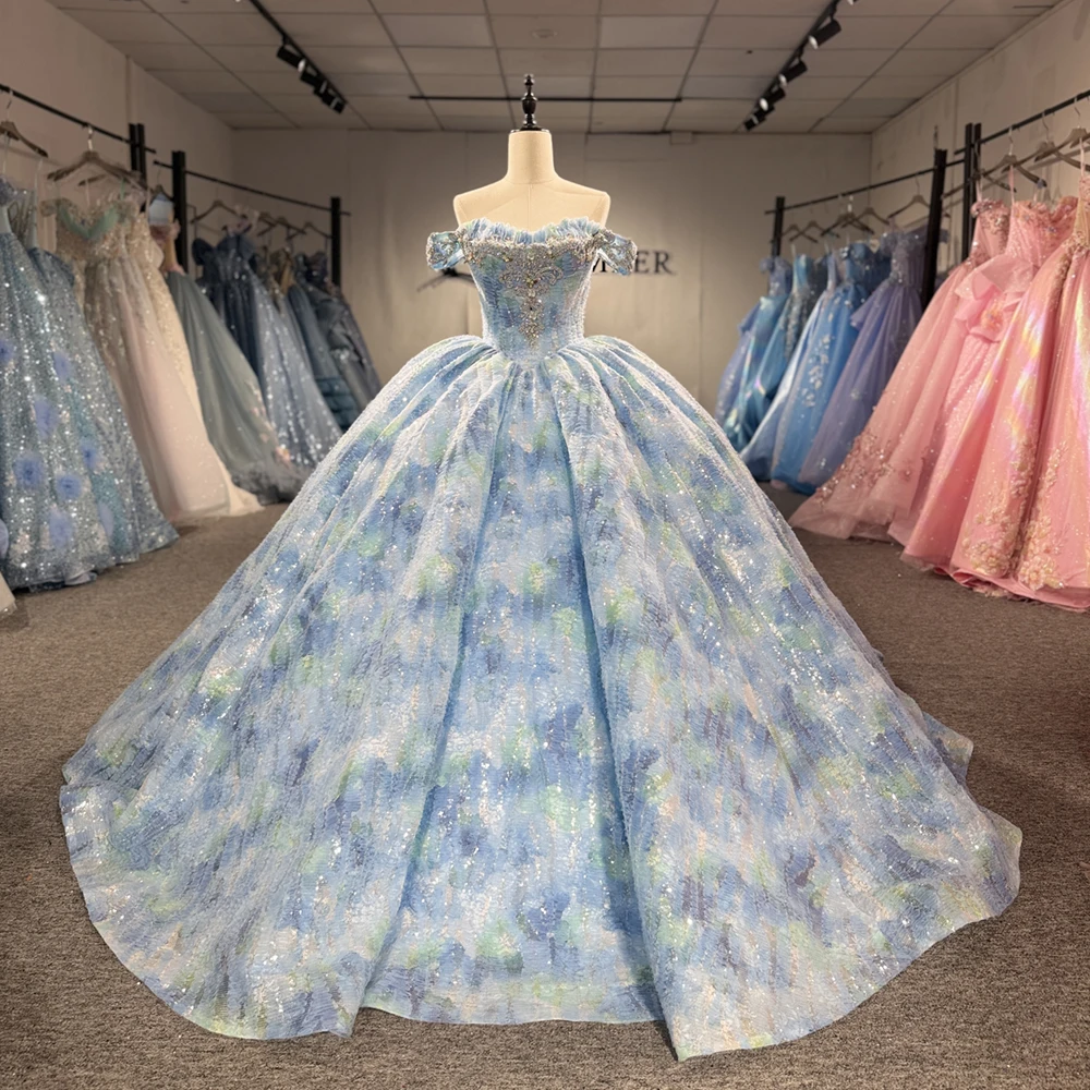 

Customized Sparkly Quinceanera Dress Blue Ball Gown Beaded Cap Sleeve Corset vestidos de 15 quinceañera Lace Up Back
