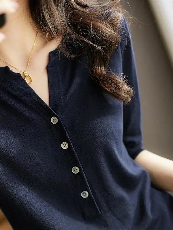 

Outlet V-Ne ort Sve Трикотажный женский дизайнерский топ для похудения Тонкая летняя футболка на пуговицах Свободный крой для поездок на работу