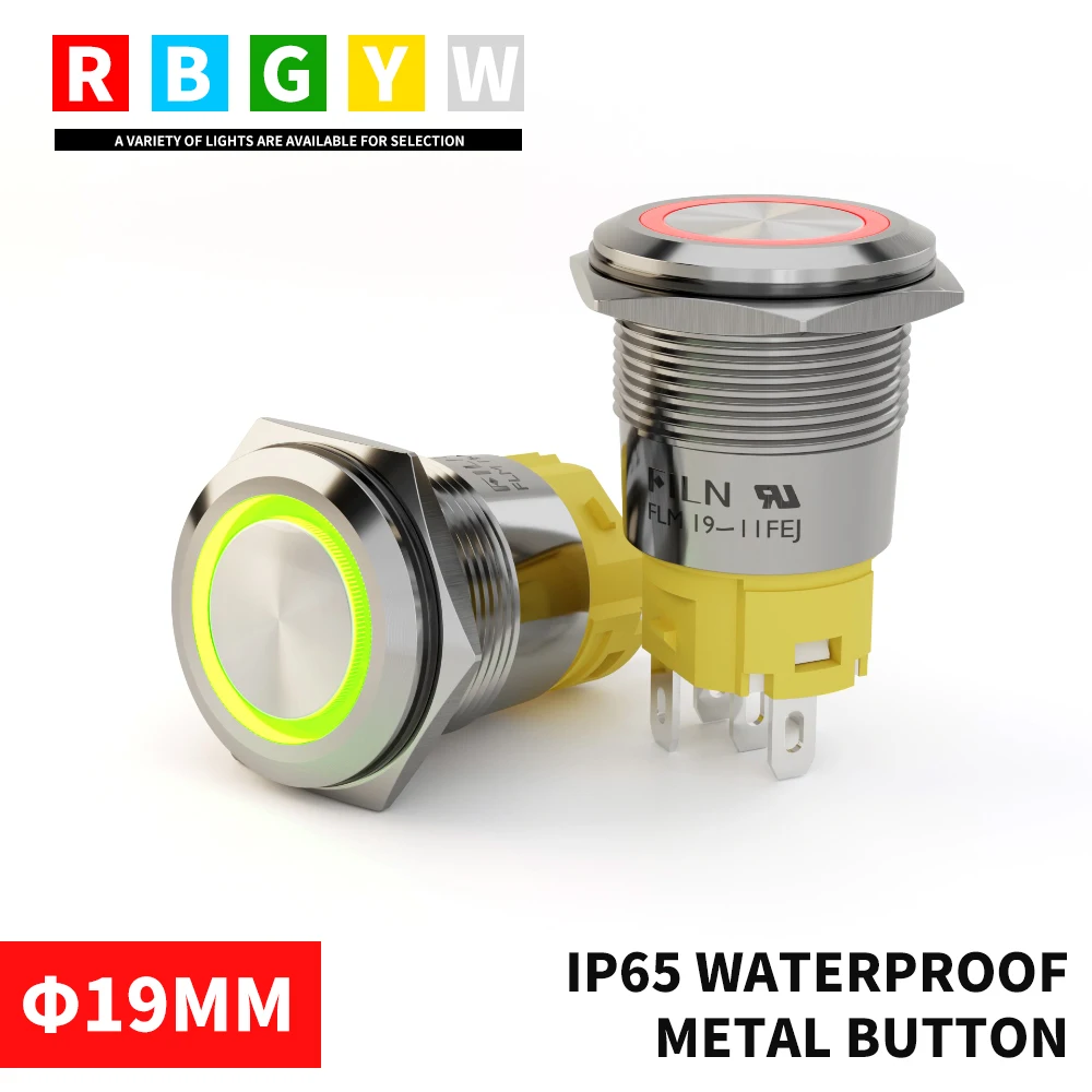 19mm Flat Head IP65 Waterproof Metal Button Switch Momentary/Latching Round Ring LED Light 5 Color 12V-24VDC/220VAC For Car/Boat