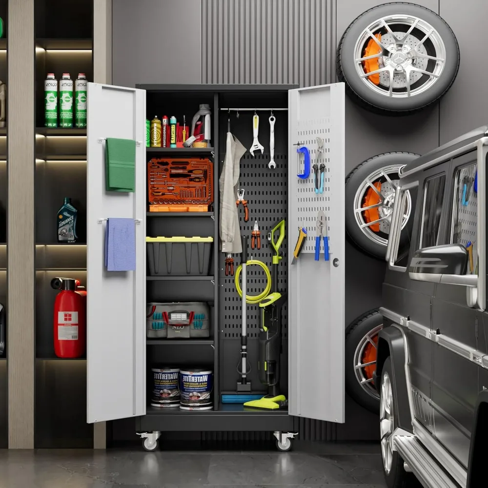 Armadietto portaoggetti portatile per garage in metallo con ripiani regolabili, con serratura e ruote per l'organizzazione definitiva