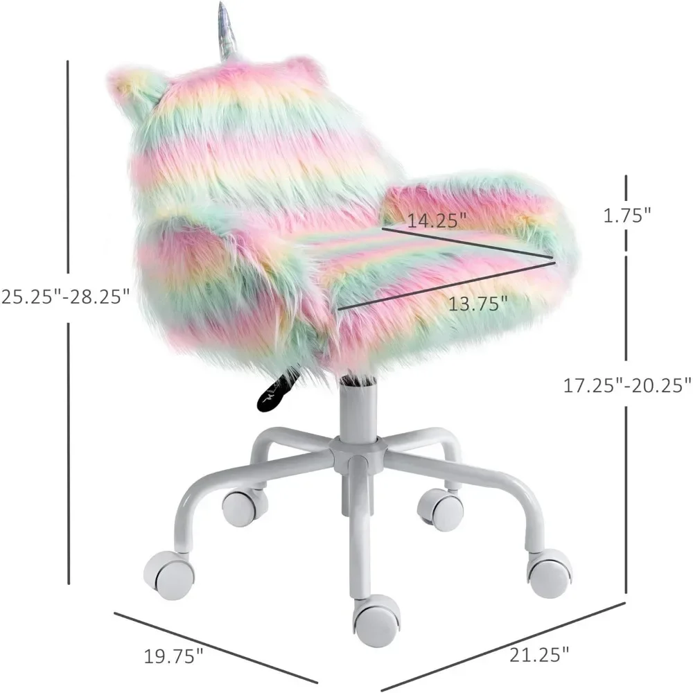 bureaustoel. Fluffy Unicorn-bureaustoel met middenrug en armleuningsteun, 5-sterren draaibaar wiel, witte onderstel, regenboog