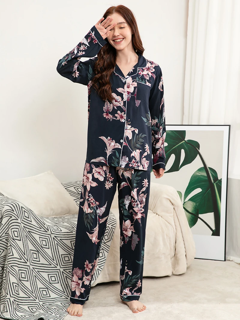 

Women Spring and Autumn Pajamas Set Long -Sleeved Pants Plus Size S-3XL 100% Viscose Nightwear Suit Sleepwear Lady Pyjamas