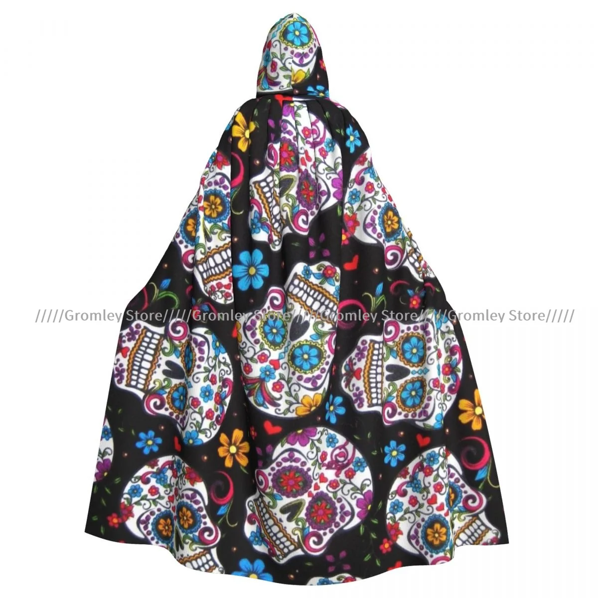 Mexican Skull Pattern Witch Cloak Hooded Cosplay Costume Halloween Adult Long Party Cape