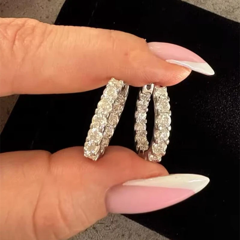 Rrjzz 3 mm brillante, vollfarbige Moissanit-Innen- und Außenreihen-Inlay-Creolen für Damen, luxuriöse ewige Ohrringe, Schmuck, Geschenke – Detail 6