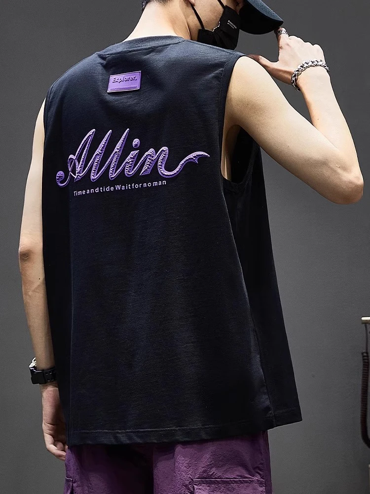 

Aymelon American Sle Men's Bla Pure Cotton Embroidered Vest Summer Fitn Sport Svel oulder Pad Sweatirt Trend...