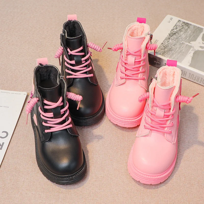 Girls Boots Kids Fashion Rubber Boots Cool Girl Autumn Winter New Cotton Soft Sole Pink Heart Side Zip Round Toe Princess Shoes