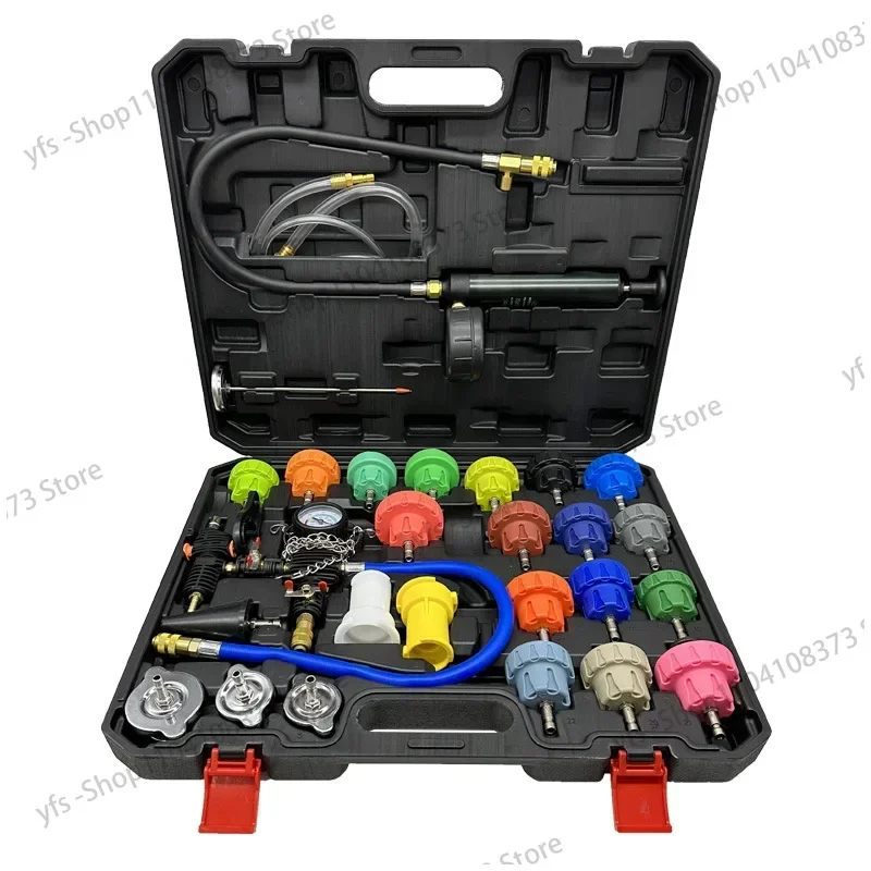 Kit de presión de radiador de 28 piezas/34 piezas, sistema de refrigeración al vacío automotriz, Kit de recarga, herramienta de detección de fugas, manómetro de refrigerante