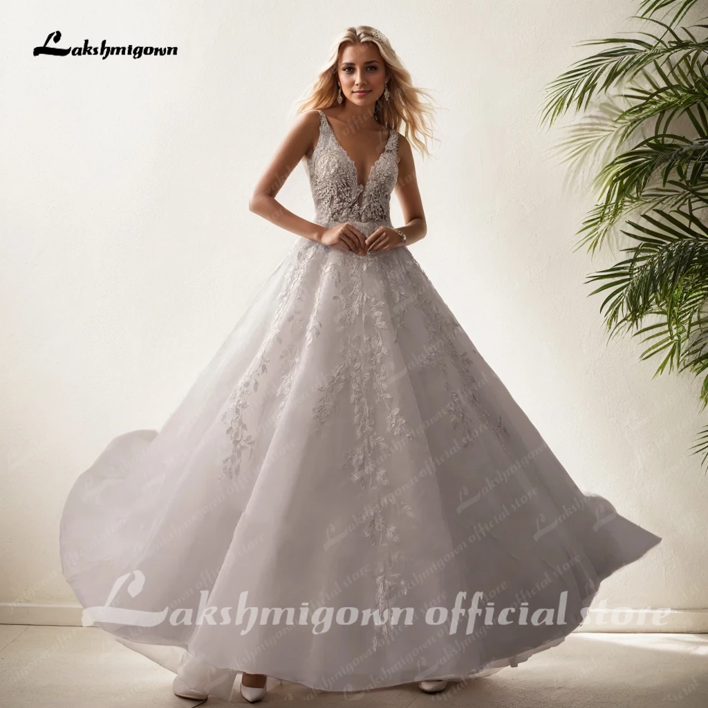 Lakshmigown-vestidos de novia sin mangas con cuello de pico para mujer, vestido de novia bohemio romántico de encaje de color marfil con cuentas, personalizado