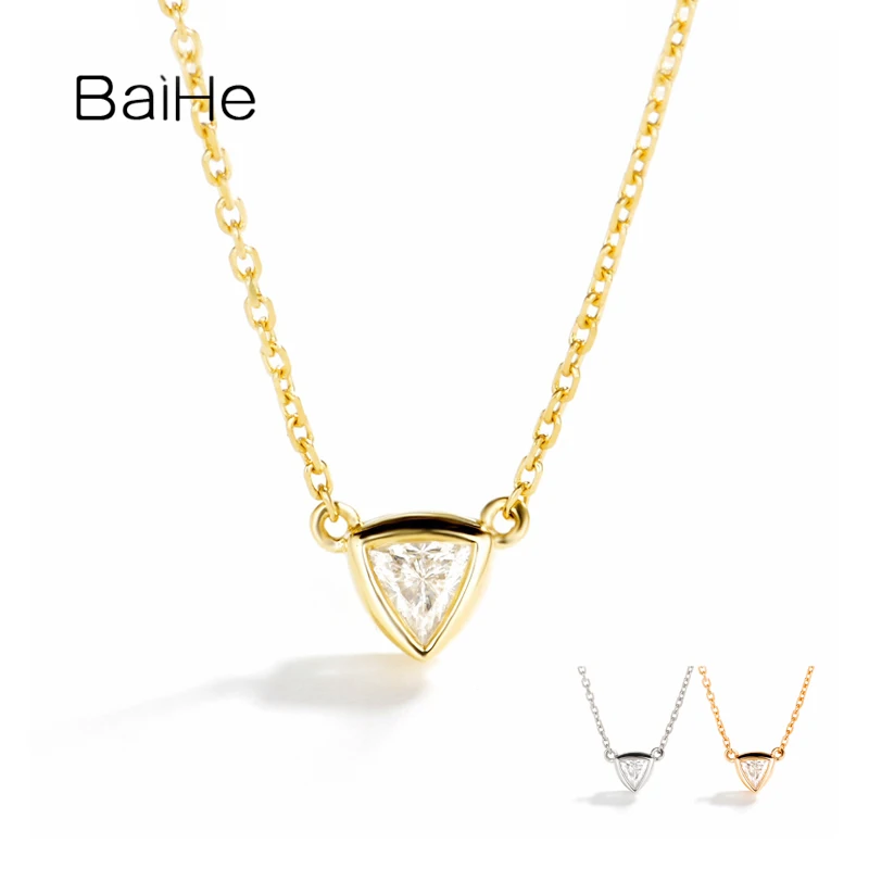 BAIHE Solid 18K Yellow Gold 0.10ct H/SI Natural Diamond Triangle Necklace Women Men Trendy Fine Jewelry Collana Triangolo Collar