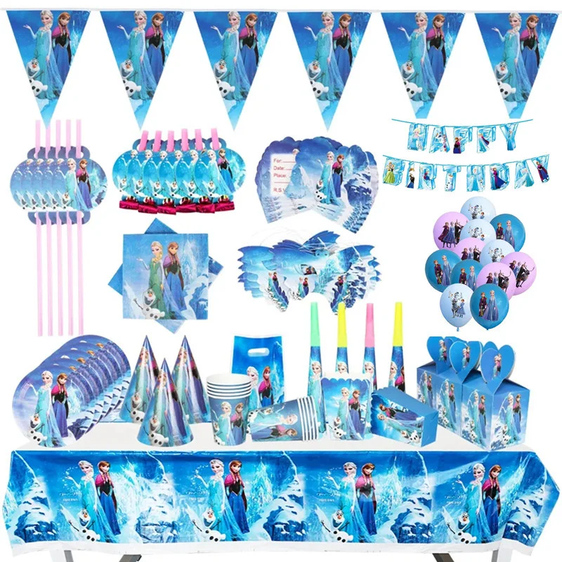 Disney Frozen Birthday Decoraction Tableware Set Happy Birthday Balloons Banner Elsa Kids Birthday Candy Box kids Party Favors